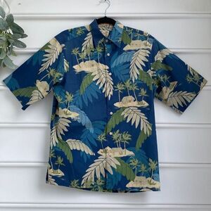 Reyn Spooner Cotton‎ Cardboard Palms Aloha Hawaiian Shirt Blue Green Small